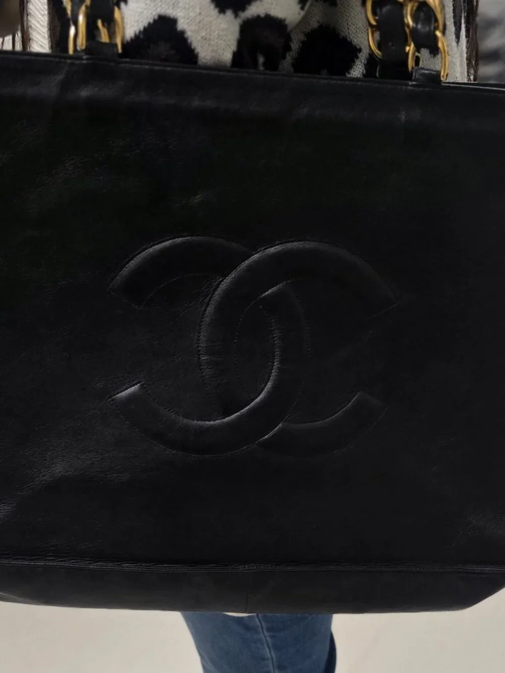 Vintage Chanel CC Chain Shopping Tote Bag Black Lambskin Gold Hardware